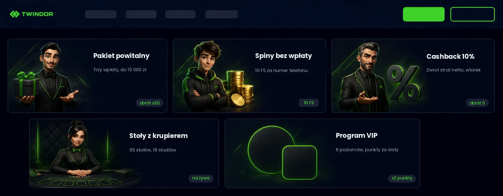 Twindor Casino — sekcja promocji z pakietem powitalnym
